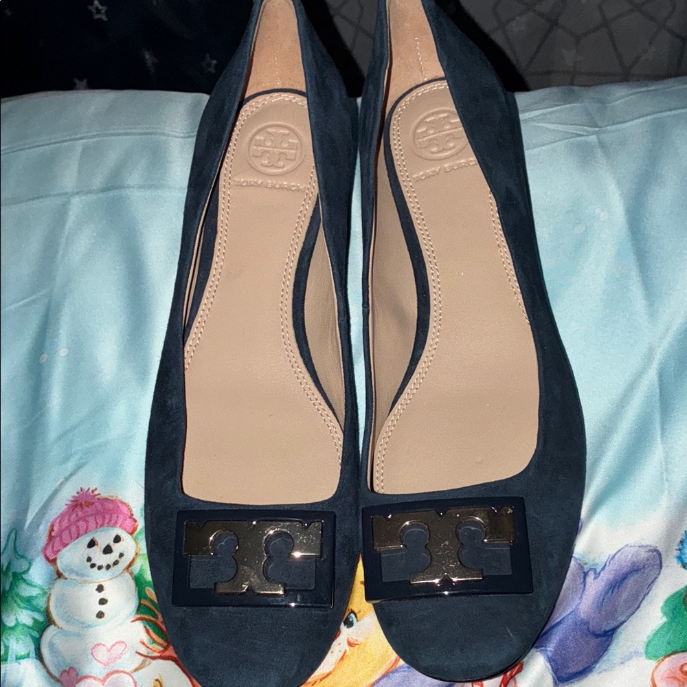 Tory Burch Navy Flats with Logo Detail